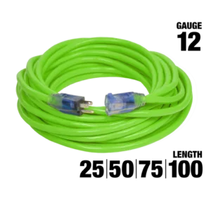 A green extension cord with blue plugs.