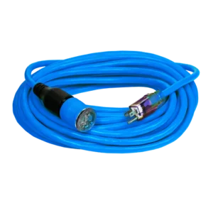 A blue cable with a black and white plug