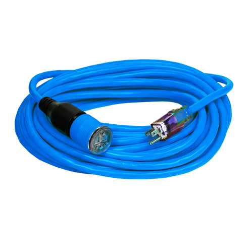 A blue cable with a black and white plug