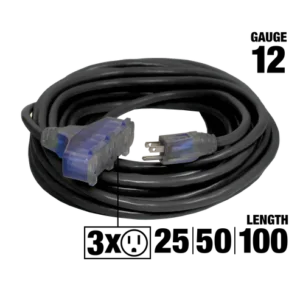 A black and blue extension cord on a white background