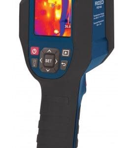 A thermal imaging camera is shown with the screen up.