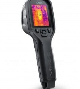 A black and silver camera with a thermal image on the screen.
