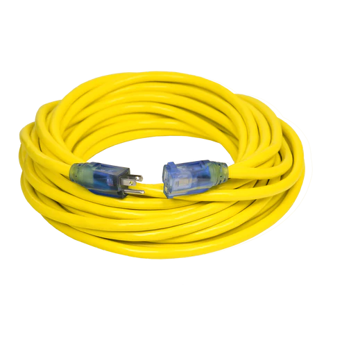 A yellow extension cord is shown on a black background.